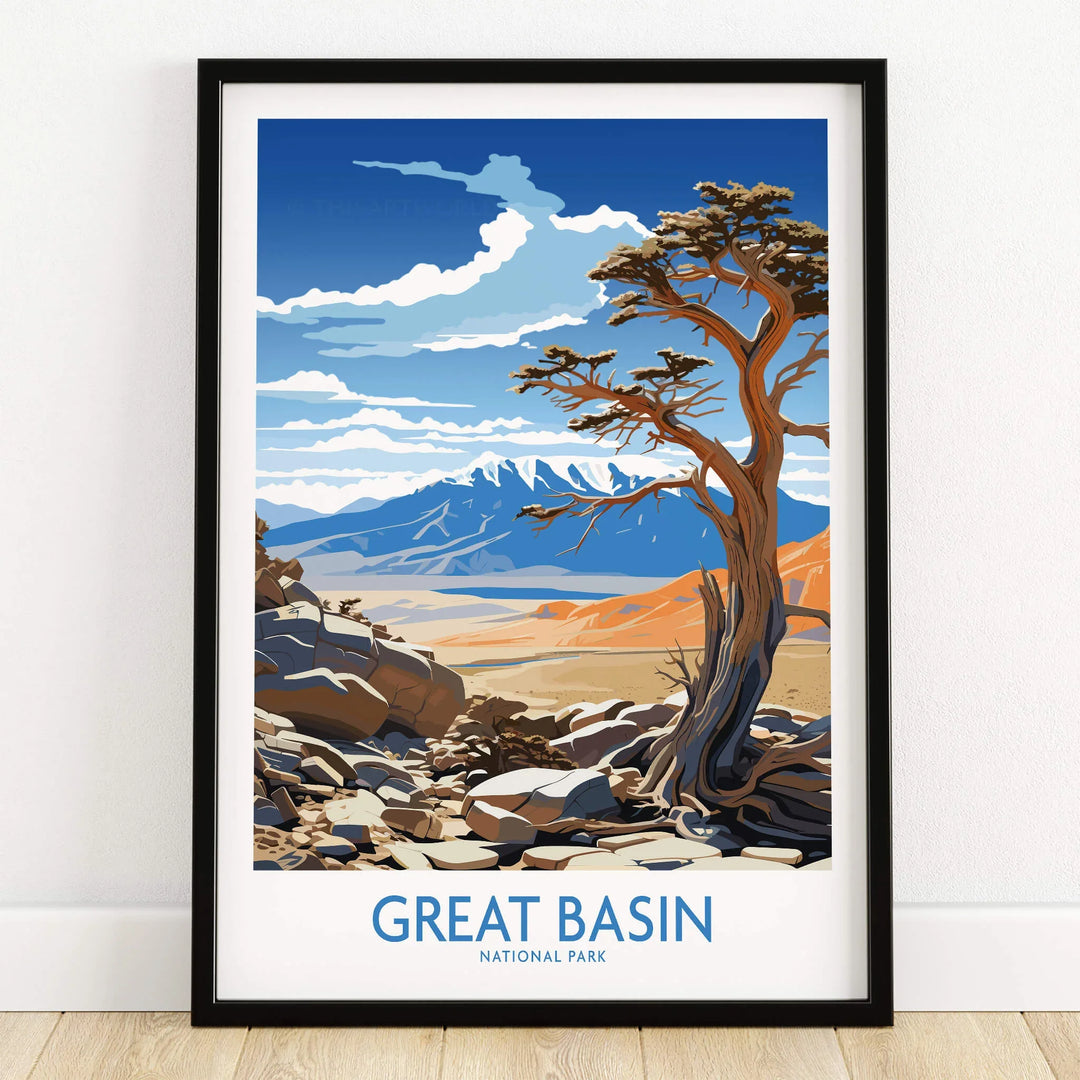 Great Basin National Park art print in black frame on wooden floor, desert landscape, blue sky