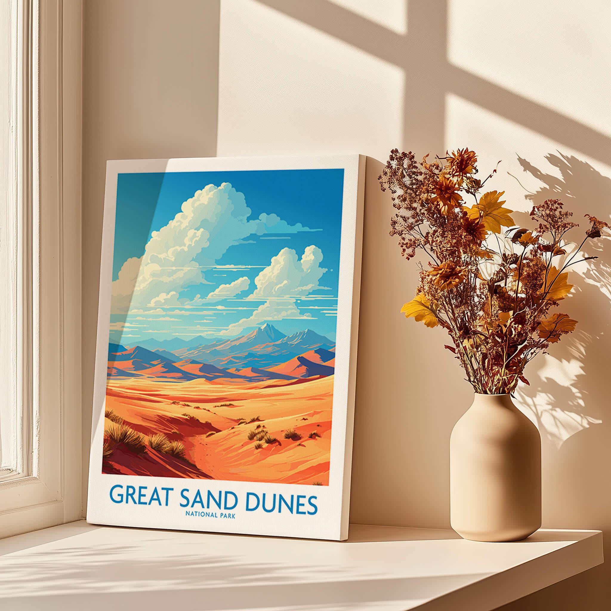 Great Sand Dunes National Park art print on windowsill with dried flowers in vase