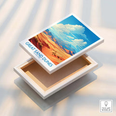 Great Sand Dunes National Park wall art print with vivid desert landscape and blue sky on canvas.
