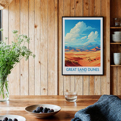 Great Sand Dunes National Park art print in black frame on rustic kitchen wall
