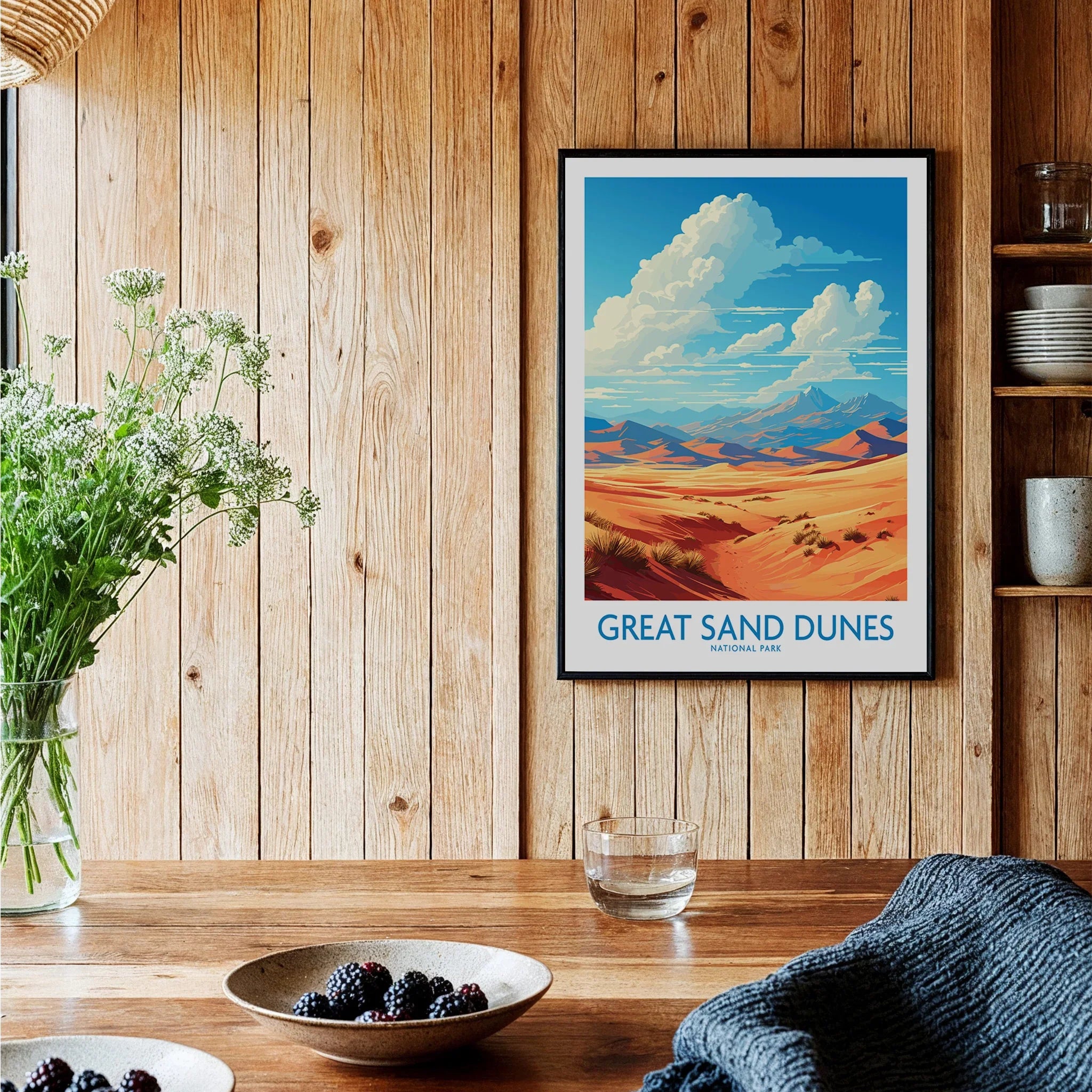 Great Sand Dunes National Park art print in black frame on rustic kitchen wall