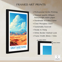Framed Great Sand Dunes National Park art print with poster features and frame details.