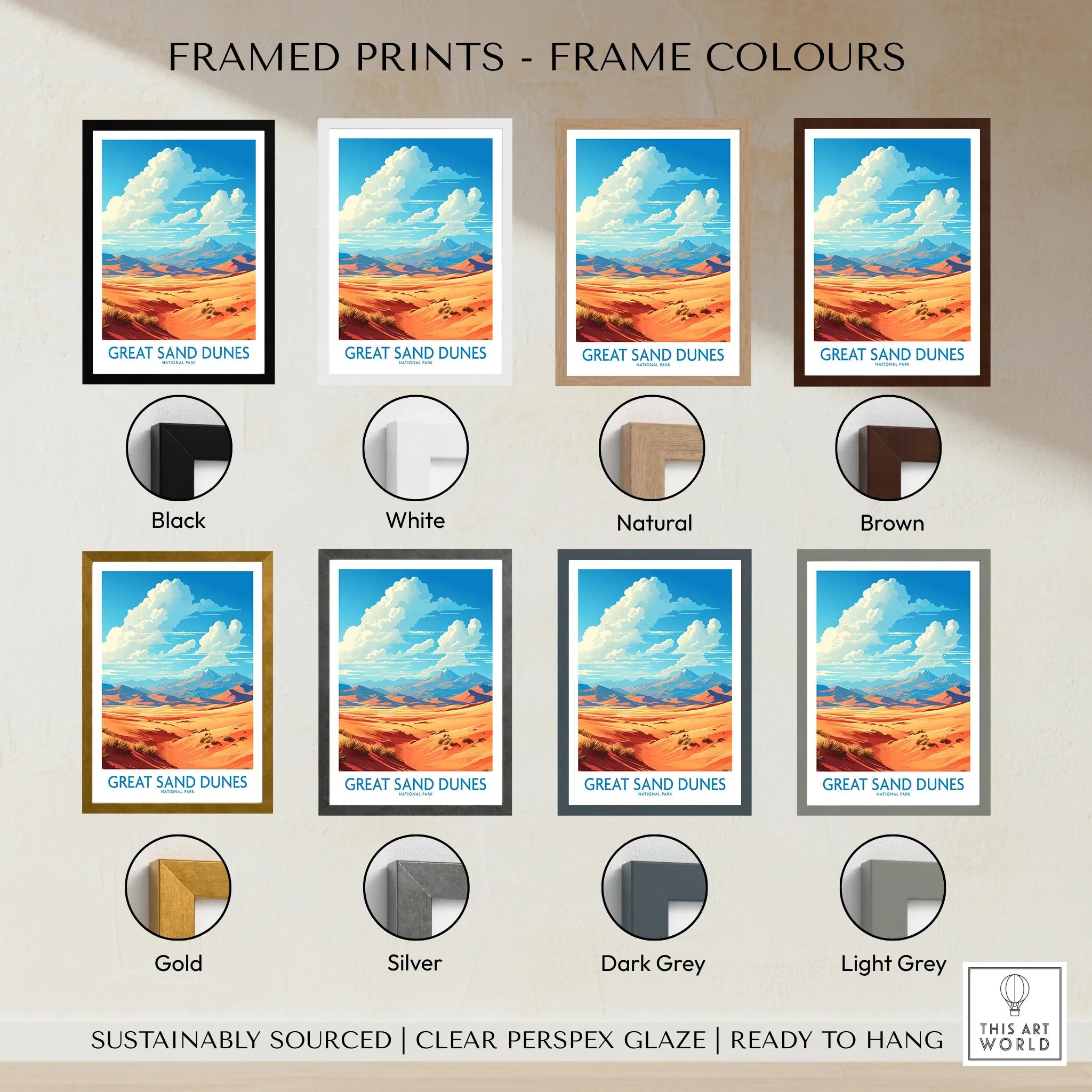 Great Sand Dunes framed print wall art, shown in eight frame color options