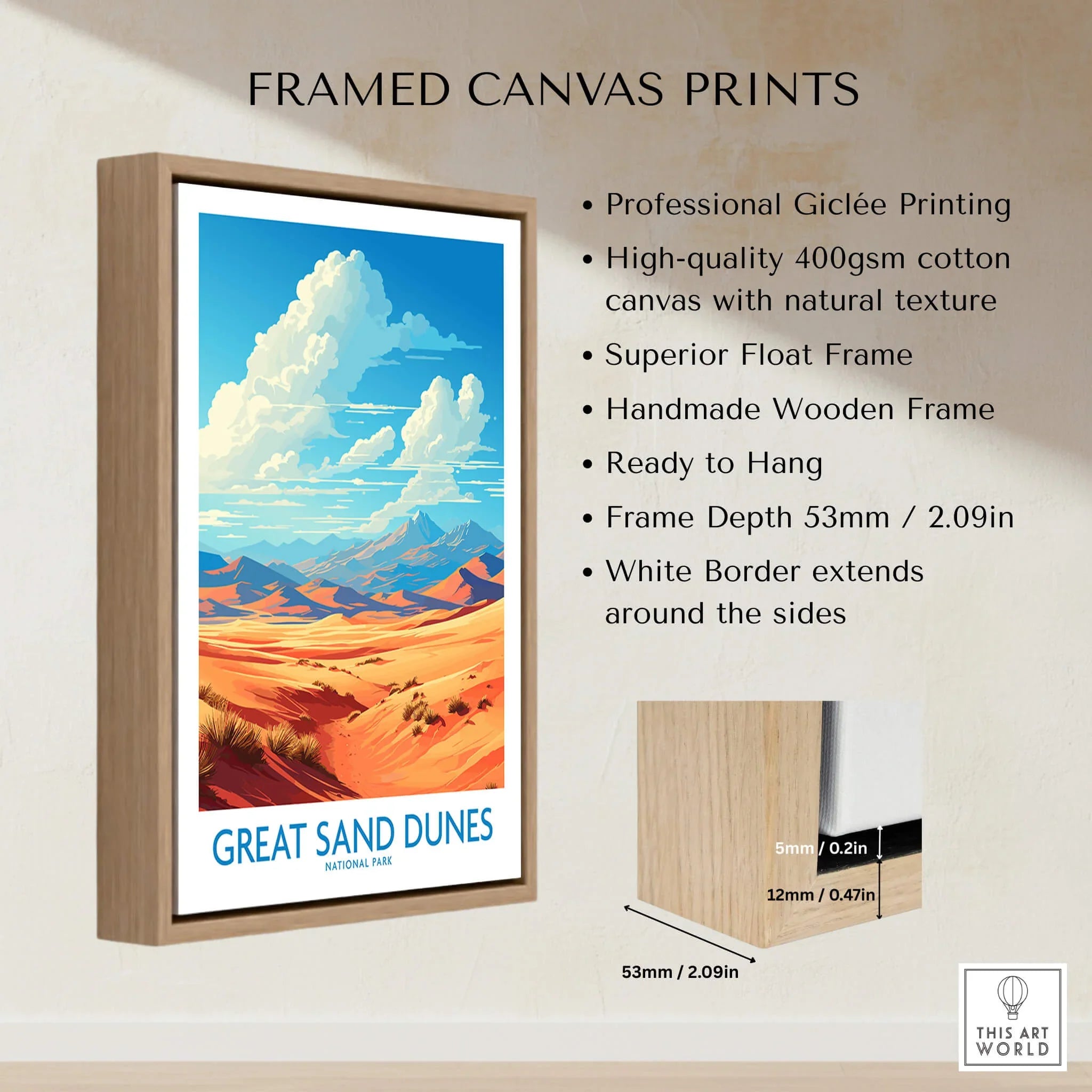 Framed canvas print of Great Sand Dunes National Park with wooden float frame and desert landscape art.