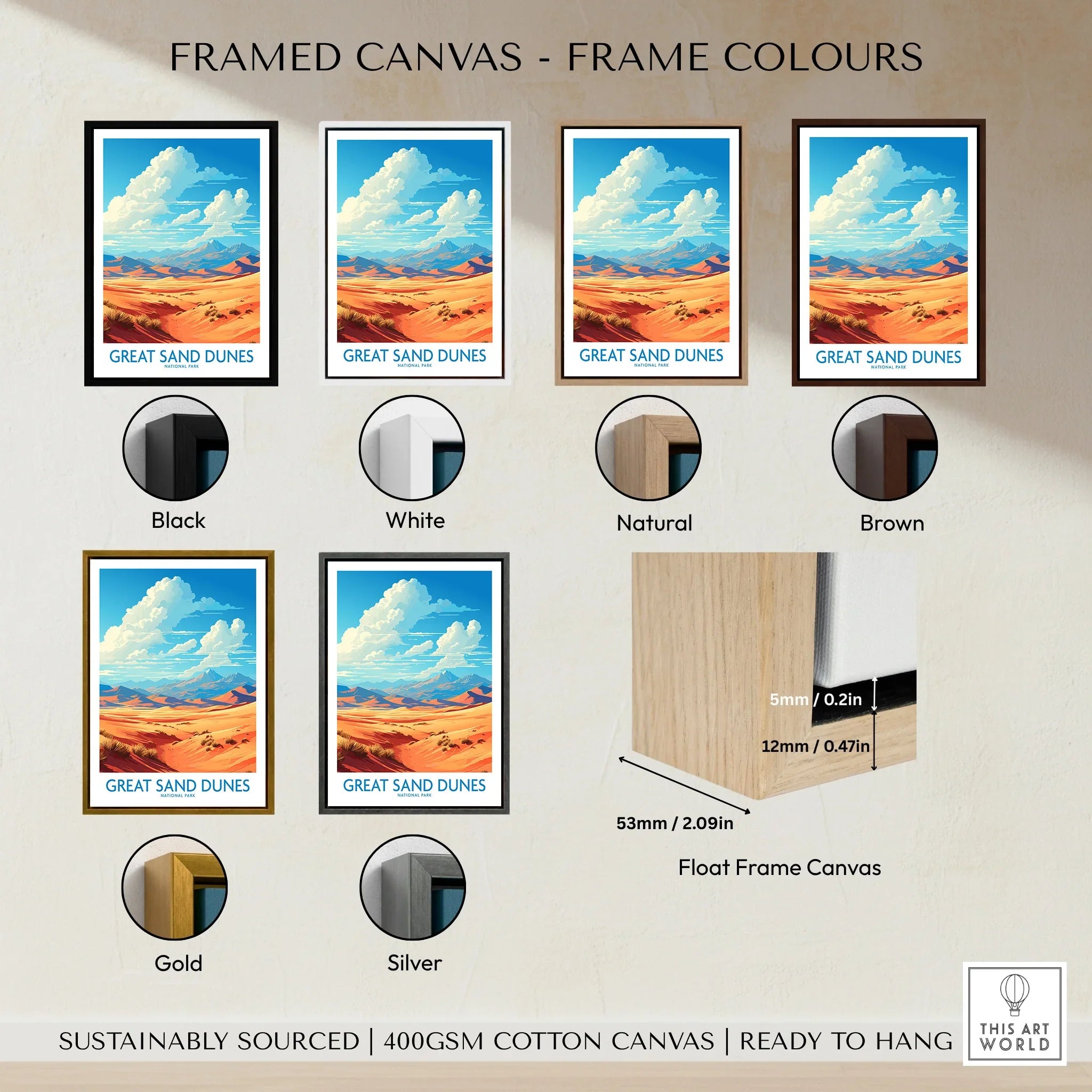 Great Sand Dunes framed canvas print in six frame color options, travel poster wall art