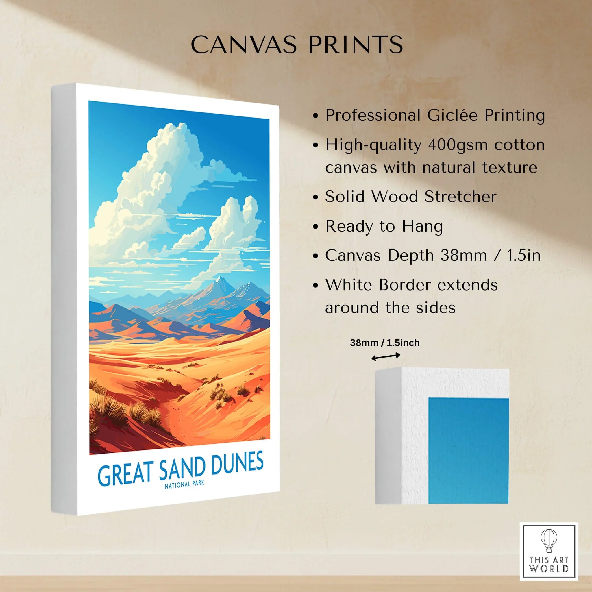 Great Sand Dunes National Park canvas print with vibrant desert landscape and mountains