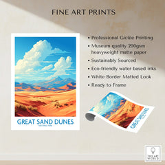 Great Sand Dunes National Park fine art print with desert landscape, blue sky, and clouds.