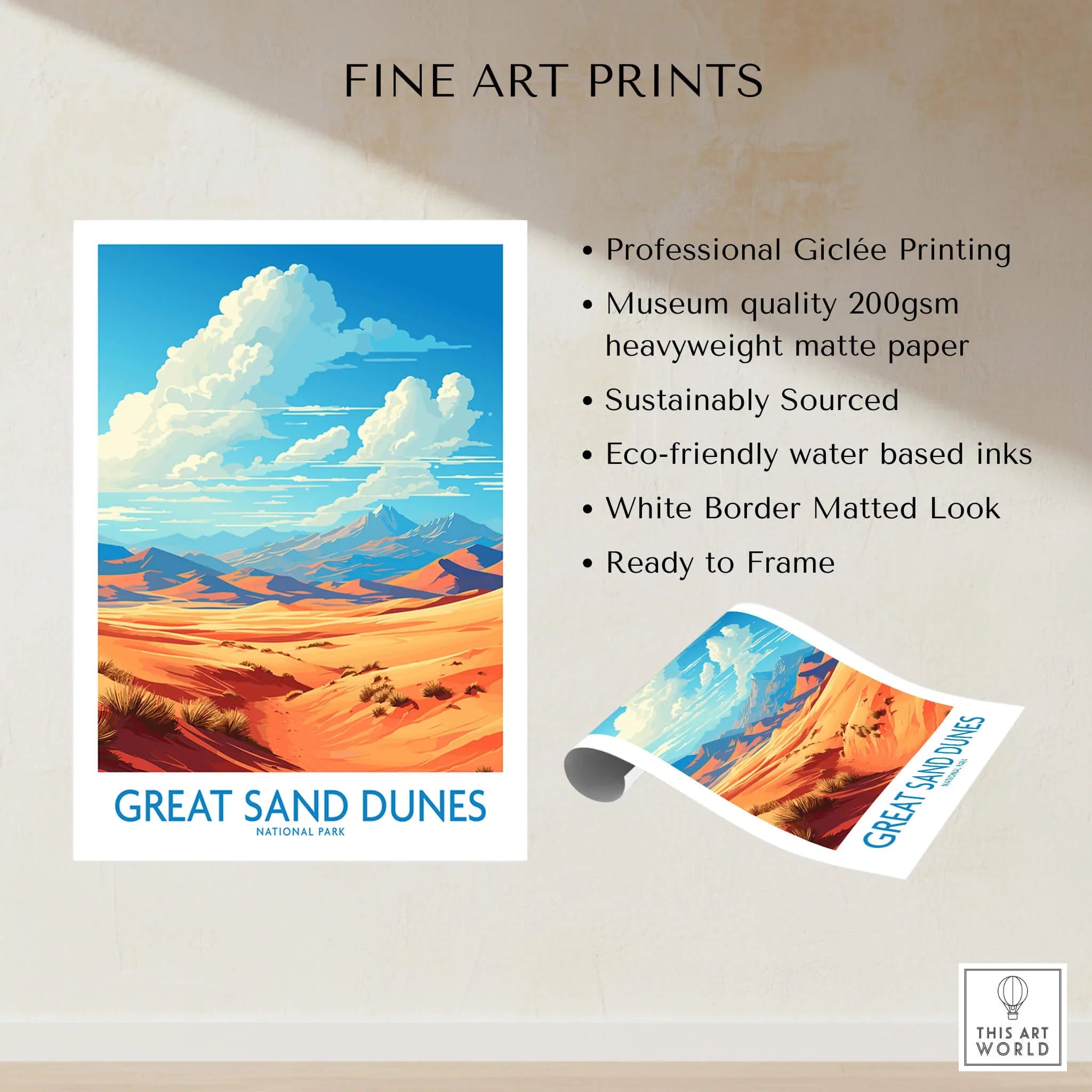 Great Sand Dunes National Park fine art print with desert landscape, blue sky, and clouds.