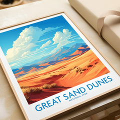 Framed Great Sand Dunes National Park art print with vivid desert landscape illustration.