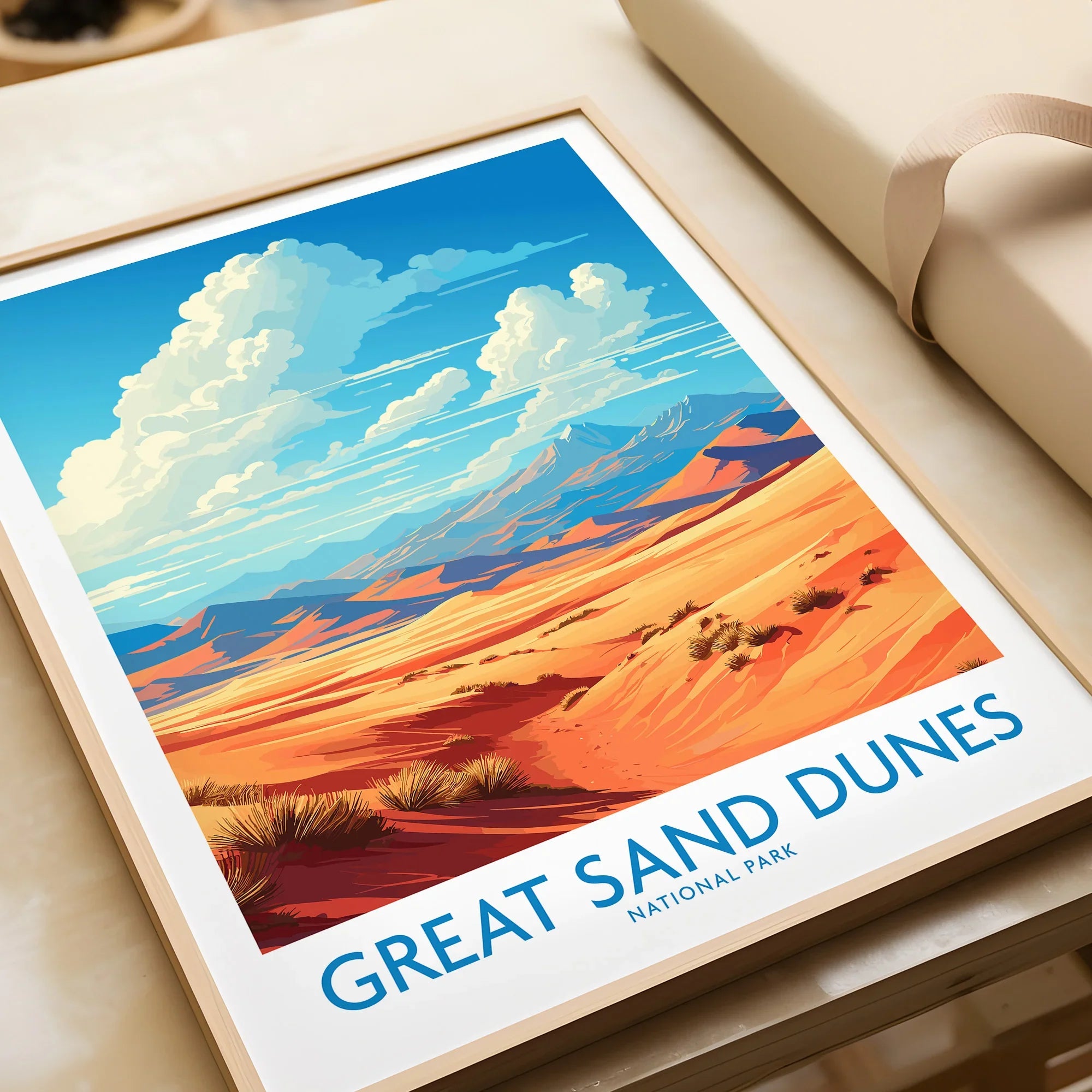 Framed Great Sand Dunes National Park art print with vivid desert landscape illustration.