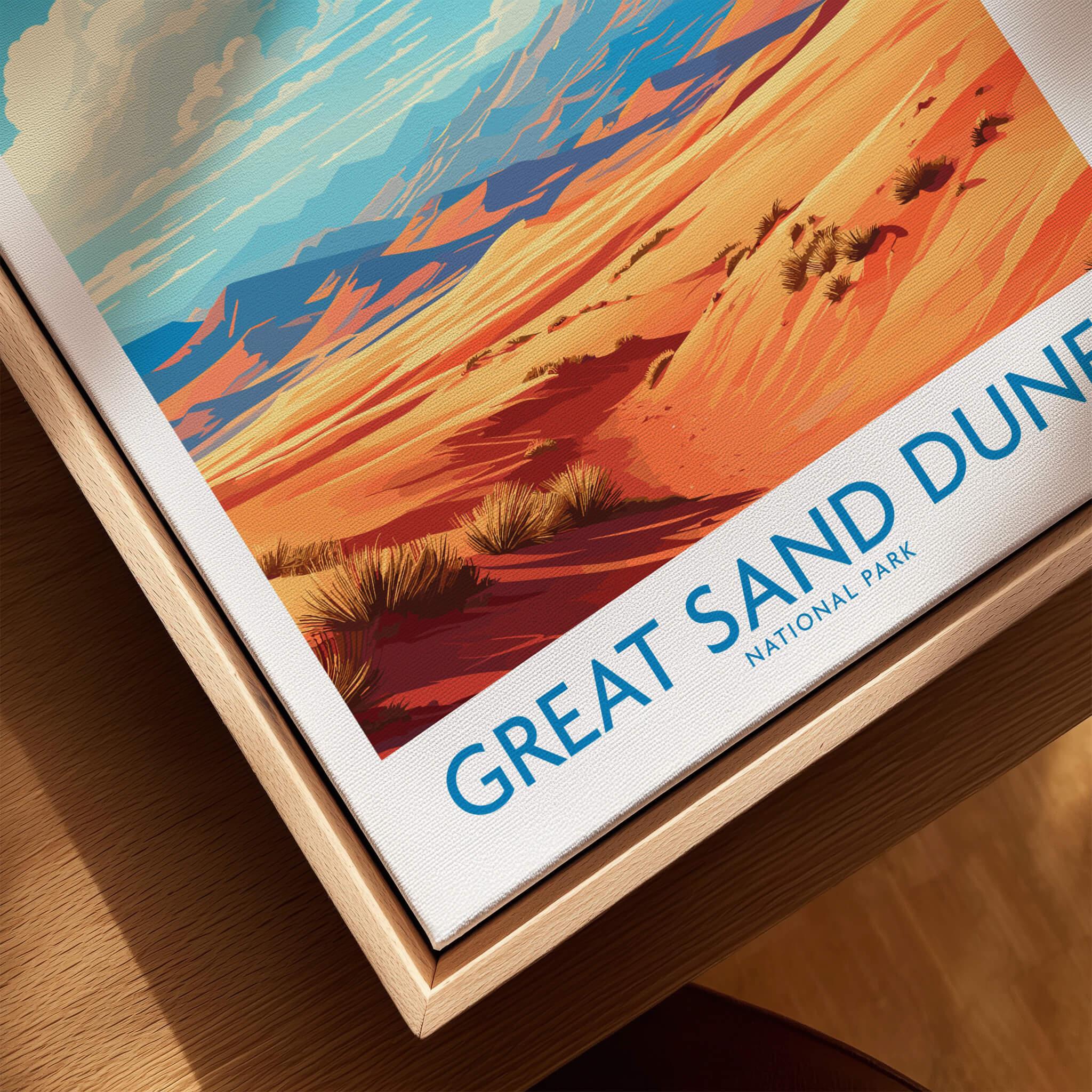 Great Sand Dunes National Park art print in a natural wood floating frame, close-up view