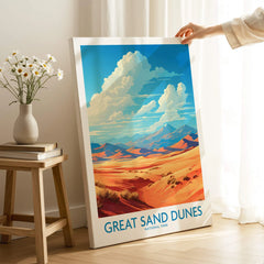 Canvas print of Great Sand Dunes National Park poster held in a bright modern room