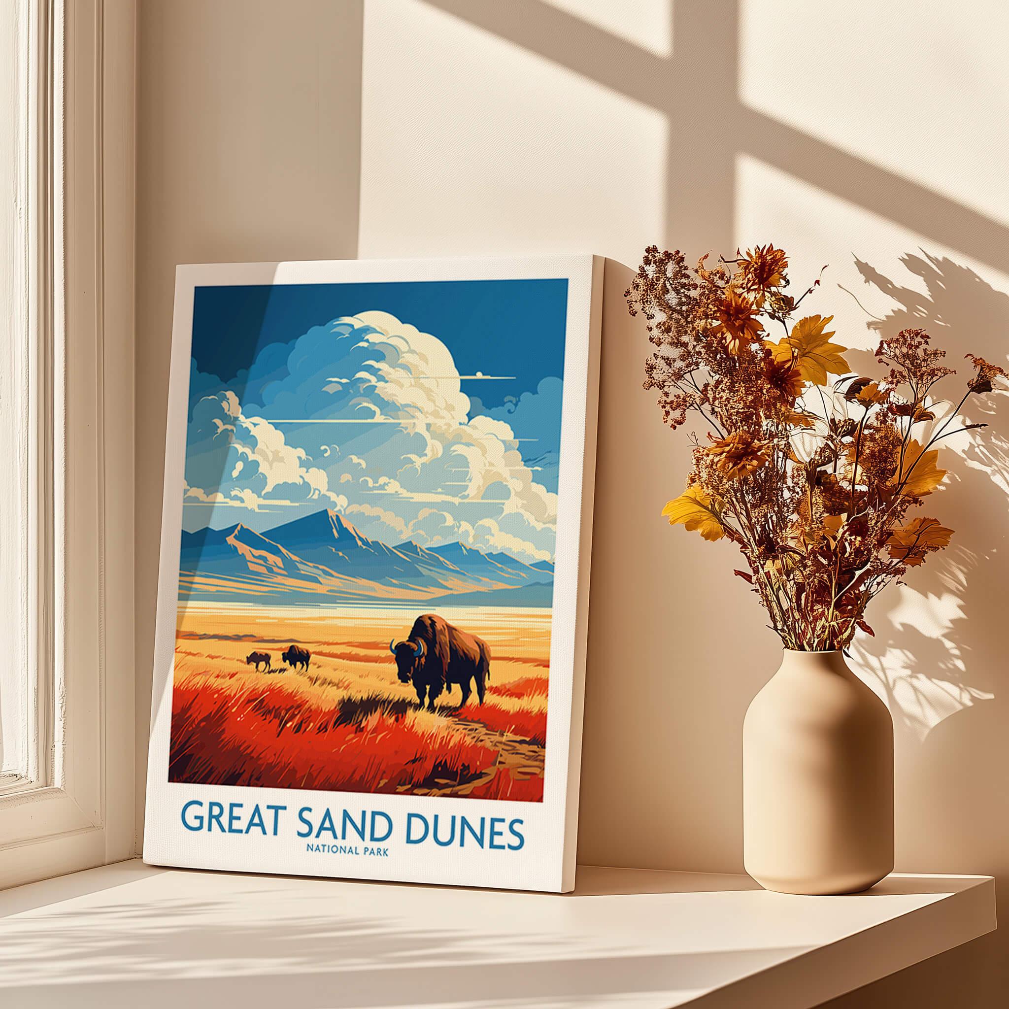 Great Sand Dunes National Park art print with bison, displayed by sunlit window and vase with flowers