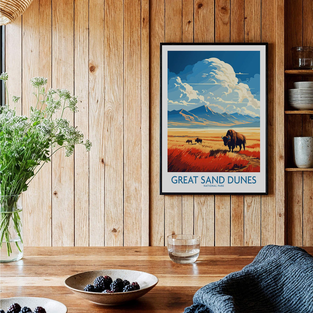 Framed Great Sand Dunes National Park art print with bison, hanging in a rustic kitchen.