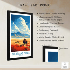 Framed Great Sand Dunes National Park print with bison, mountains, and product details.