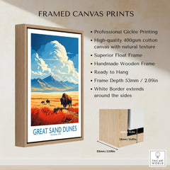 Great Sand Dunes National Park print with bison, framed canvas wall art, float frame detail