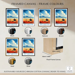 Great Sand Dunes framed canvas wall art with bison, shown in six different frame colors.