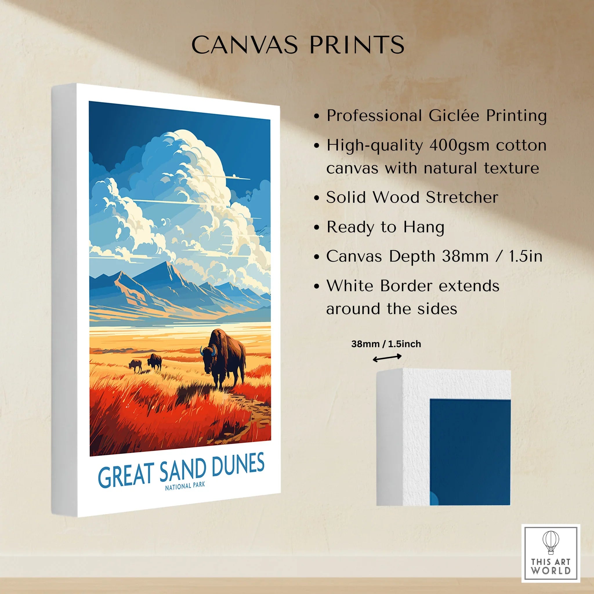 Great Sand Dunes National Park canvas print with bison, mountains, and dramatic clouds.