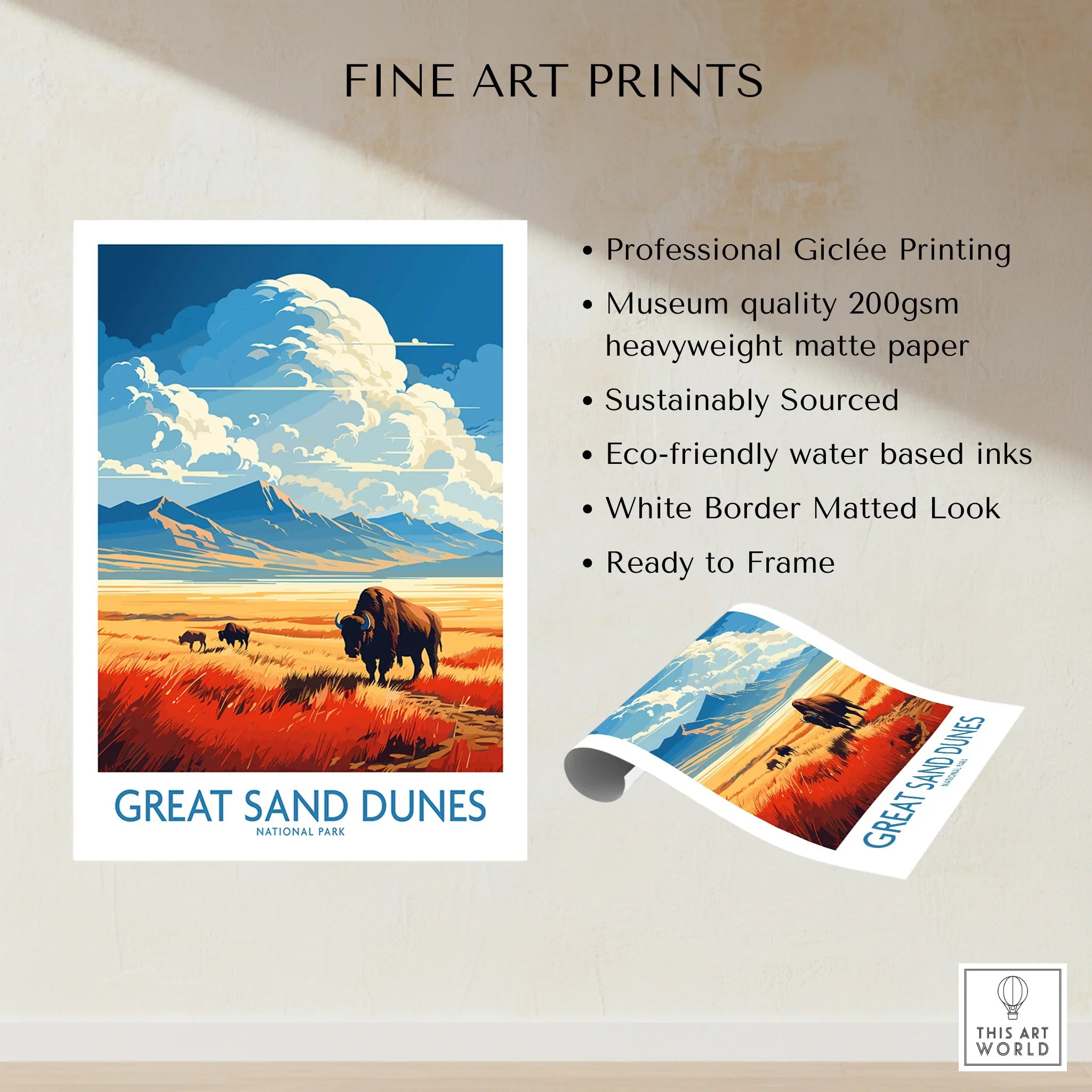 Great Sand Dunes National Park fine art print with bison, mountains, and dramatic clouds