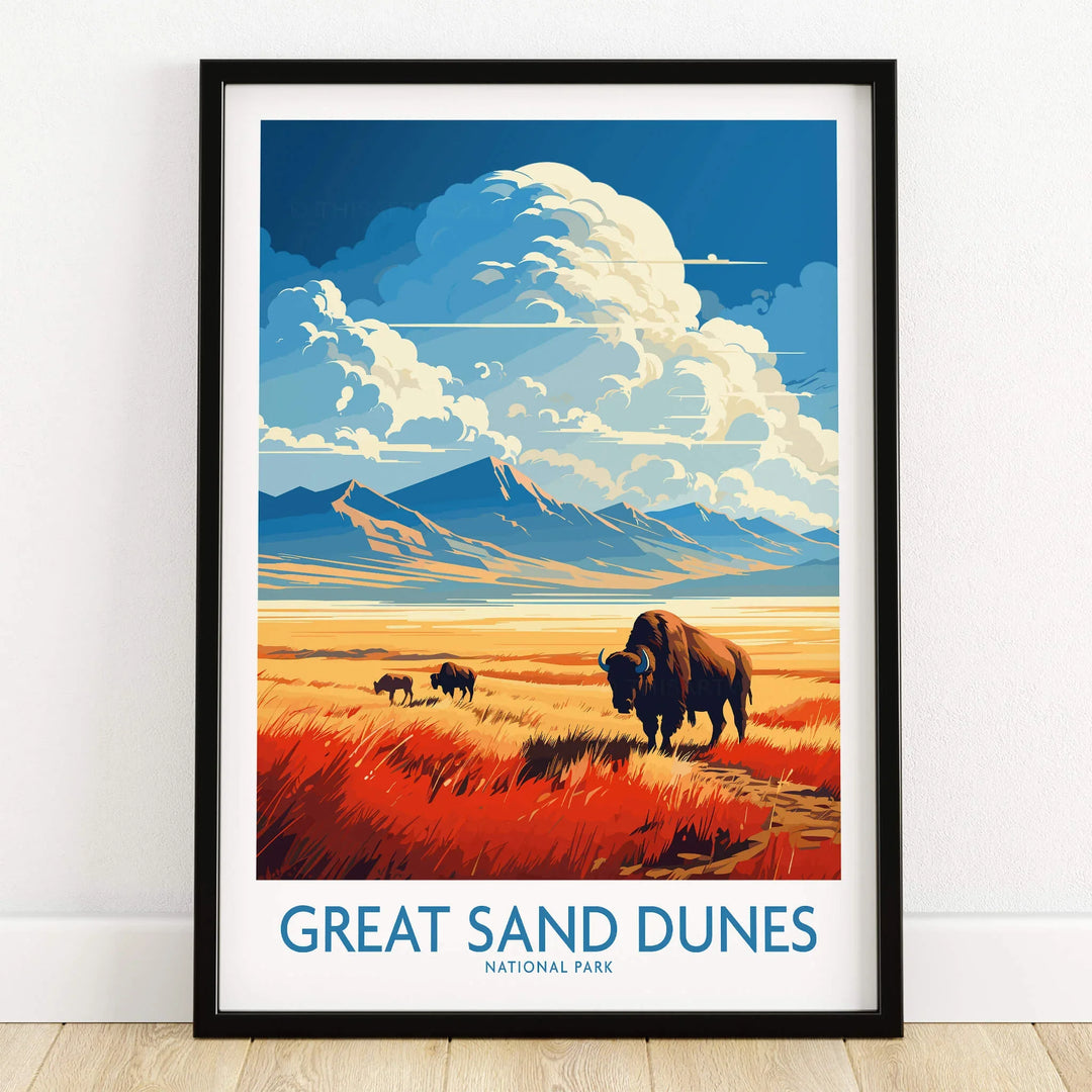 Great Sand Dunes National Park art print with bison in grassy landscape, black frame, on floor