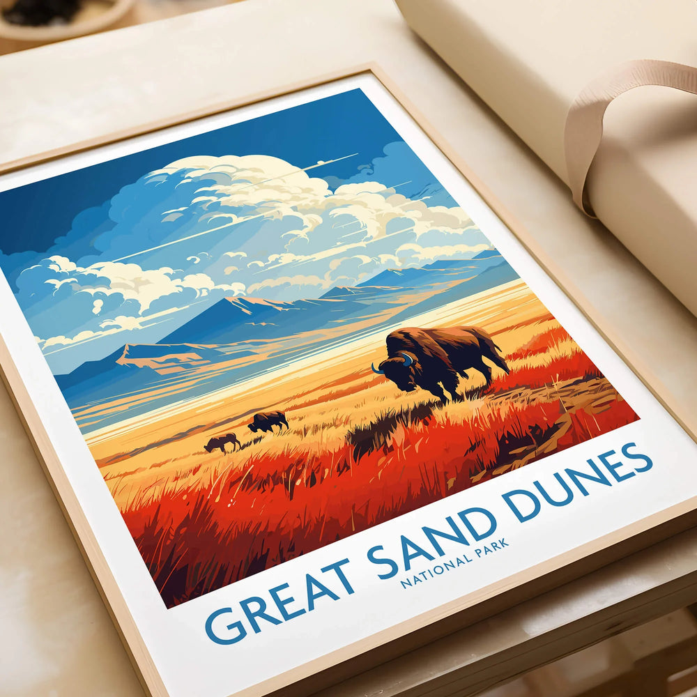 Framed Great Sand Dunes National Park art print with bison in vibrant landscape