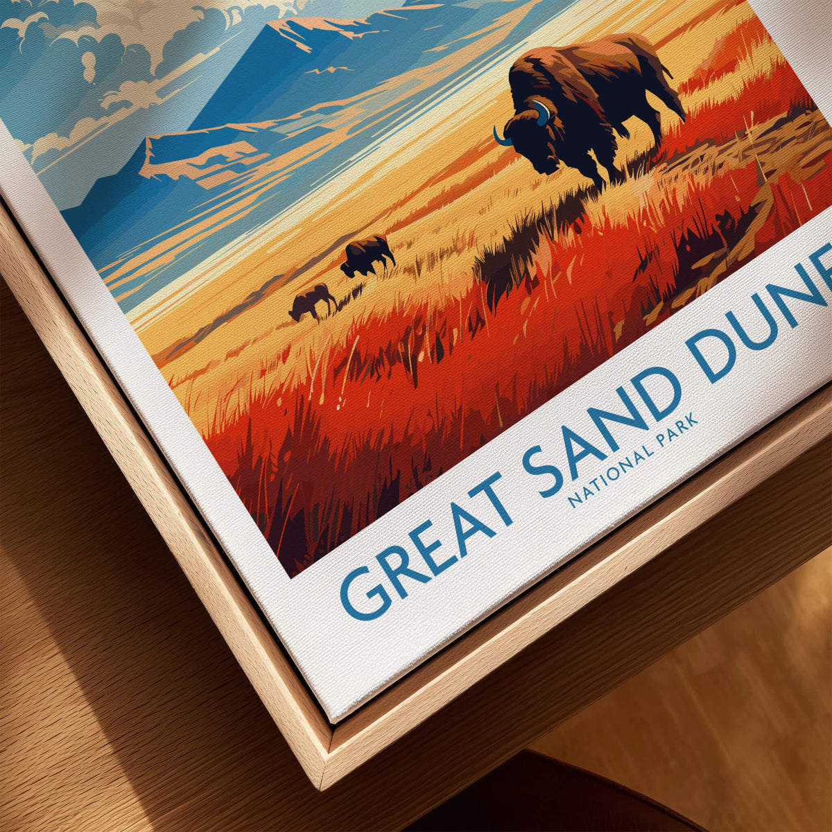 Great Sand Dunes National Park travel poster with bison in wooden floating frame
