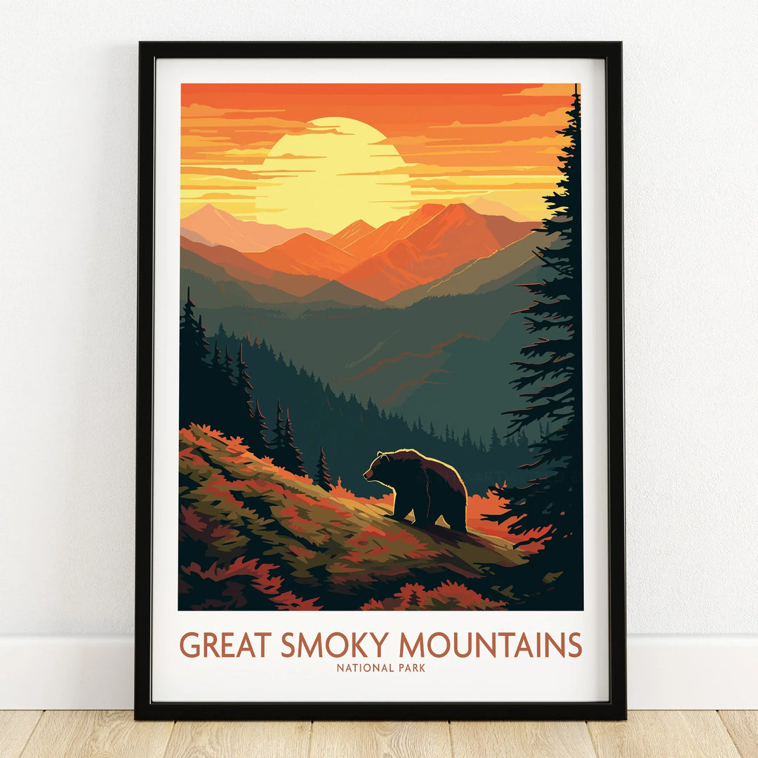 Great Smoky Mountains art print with bear silhouette, sunset, and mountain landscape in black frame