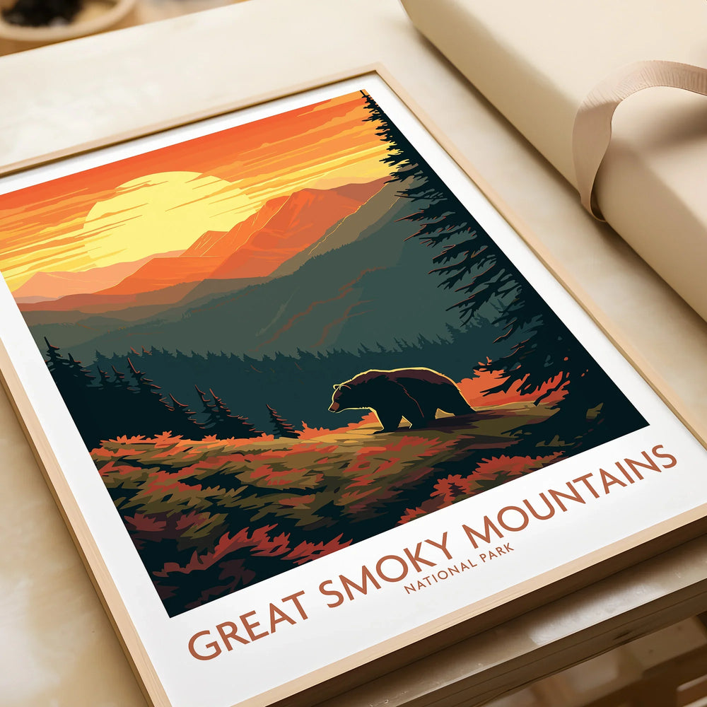 Great Smoky Mountains National Park framed art print featuring a bear at sunset