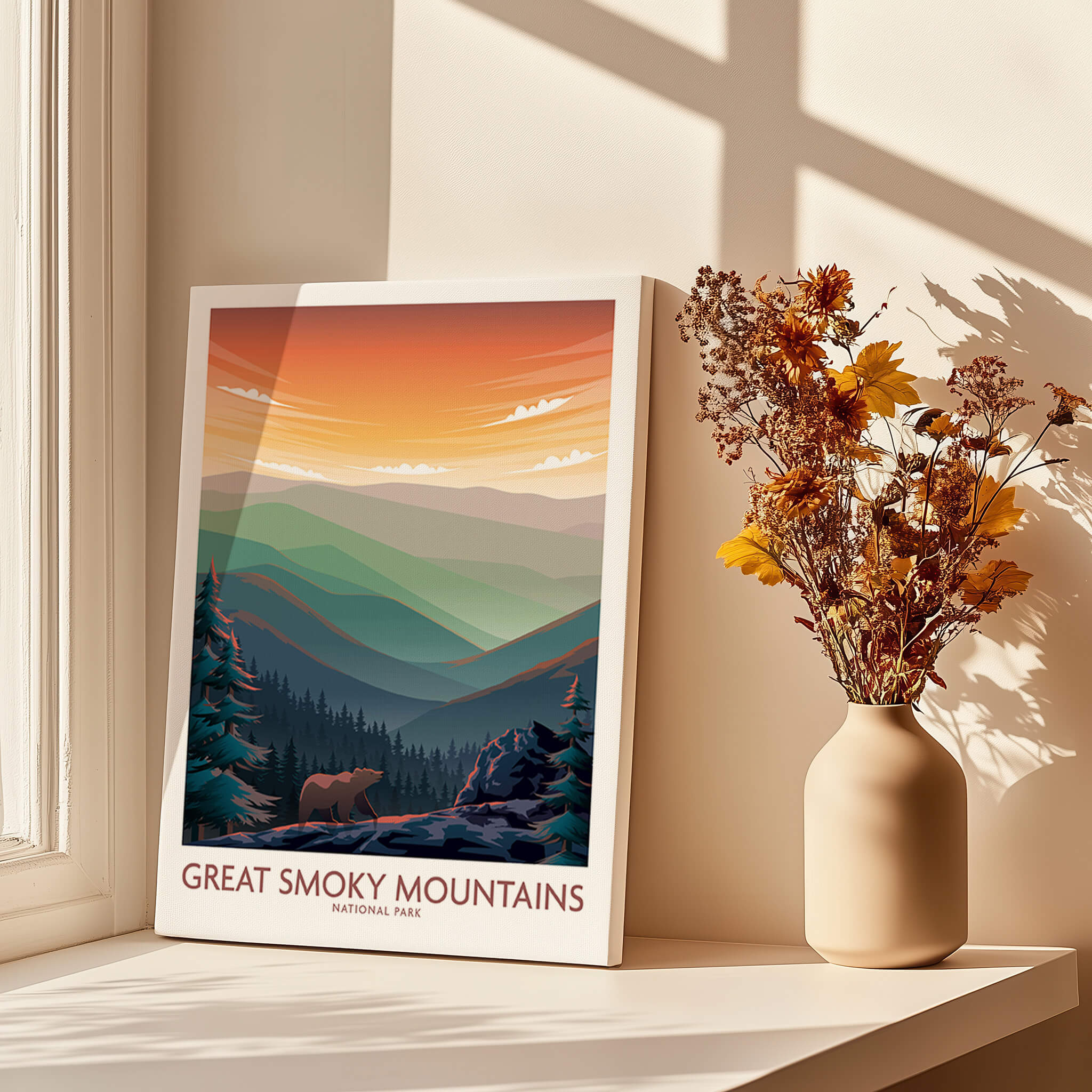 Smoky Mountains Wall Art | National Park Poster featuring vibrant mountain landscape and sunset.
