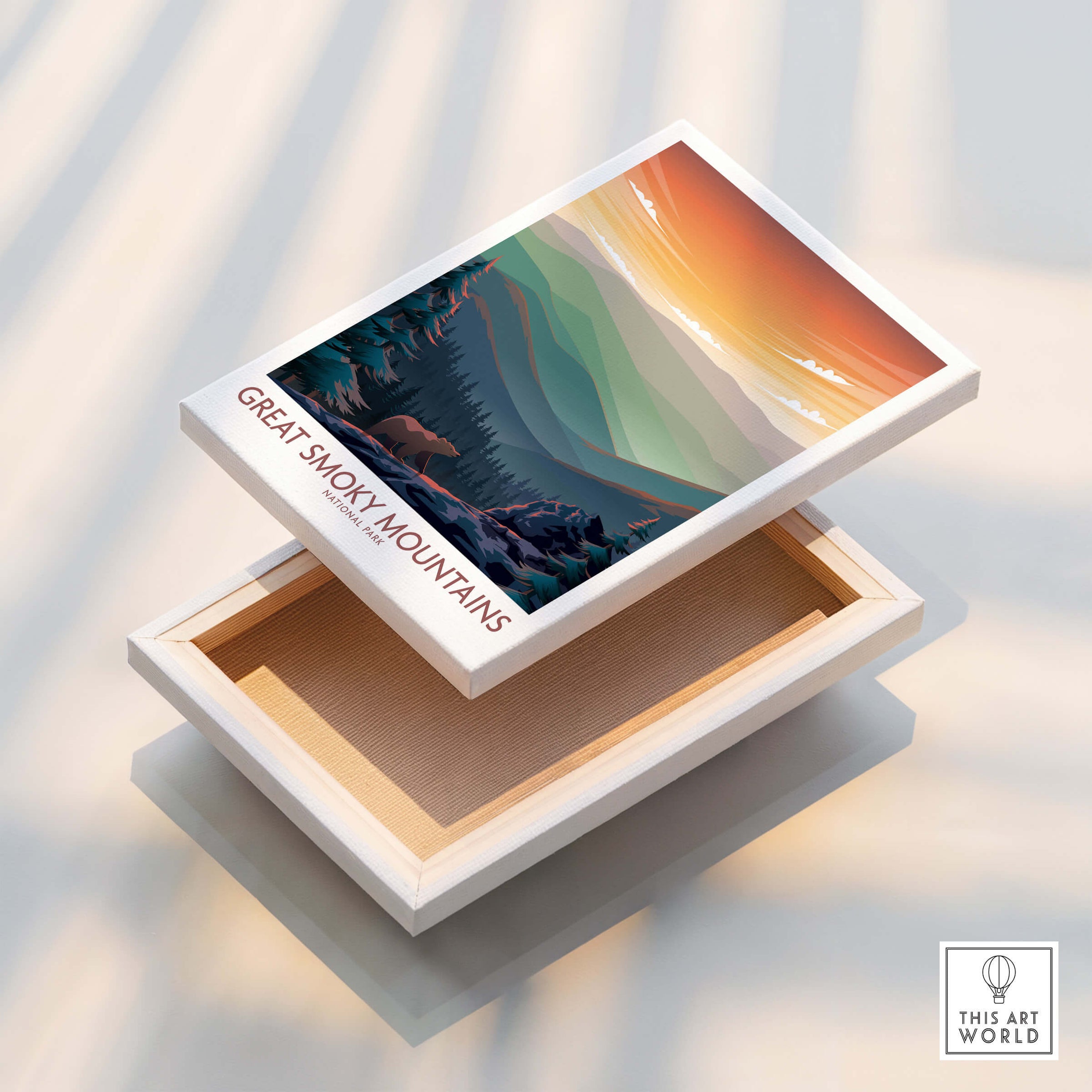 Smoky Mountains Wall Art | National Park Poster displayed on an open box showcasing nature's beauty.