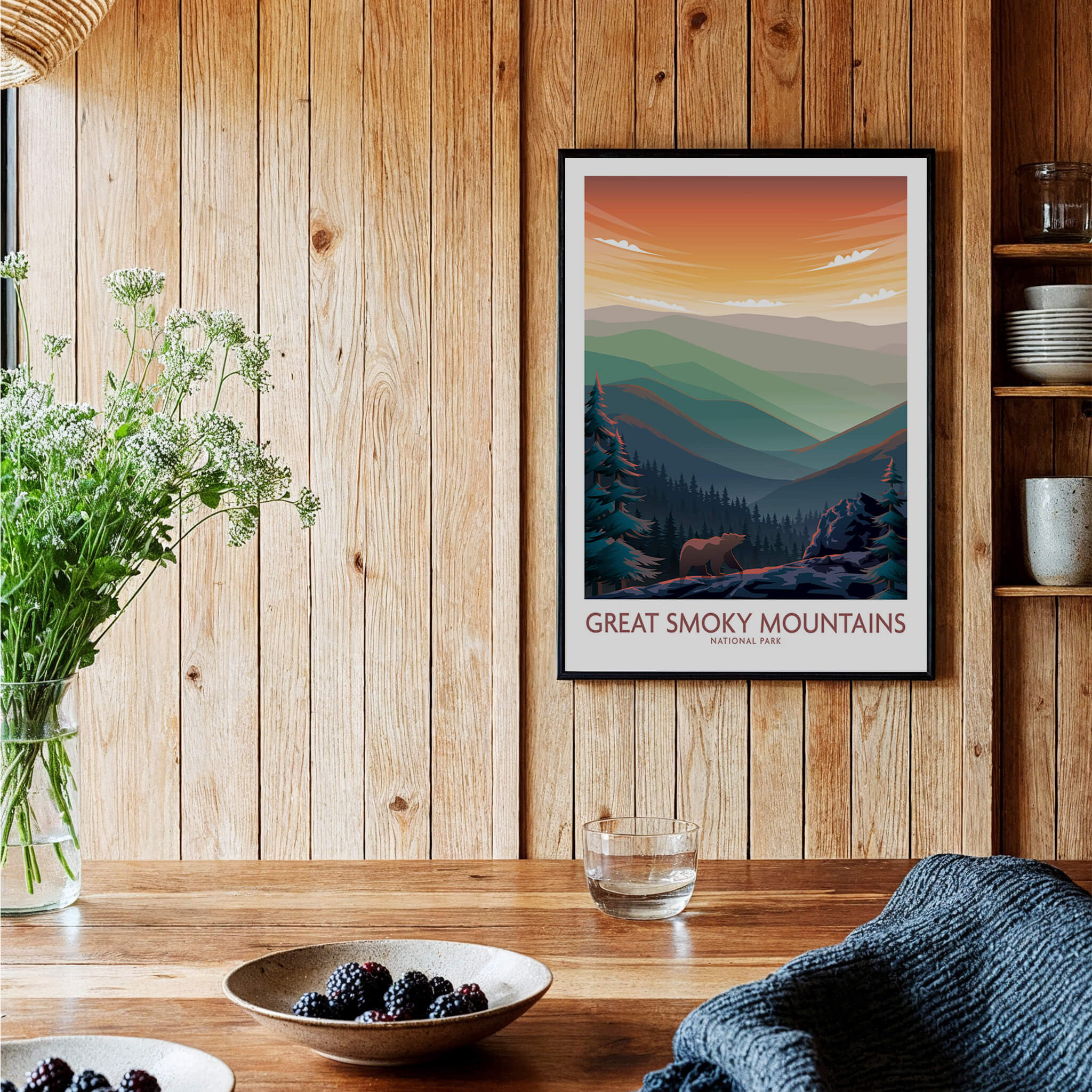 Smoky Mountains Wall Art | National Park Poster displayed in a cozy interior with wooden accents.