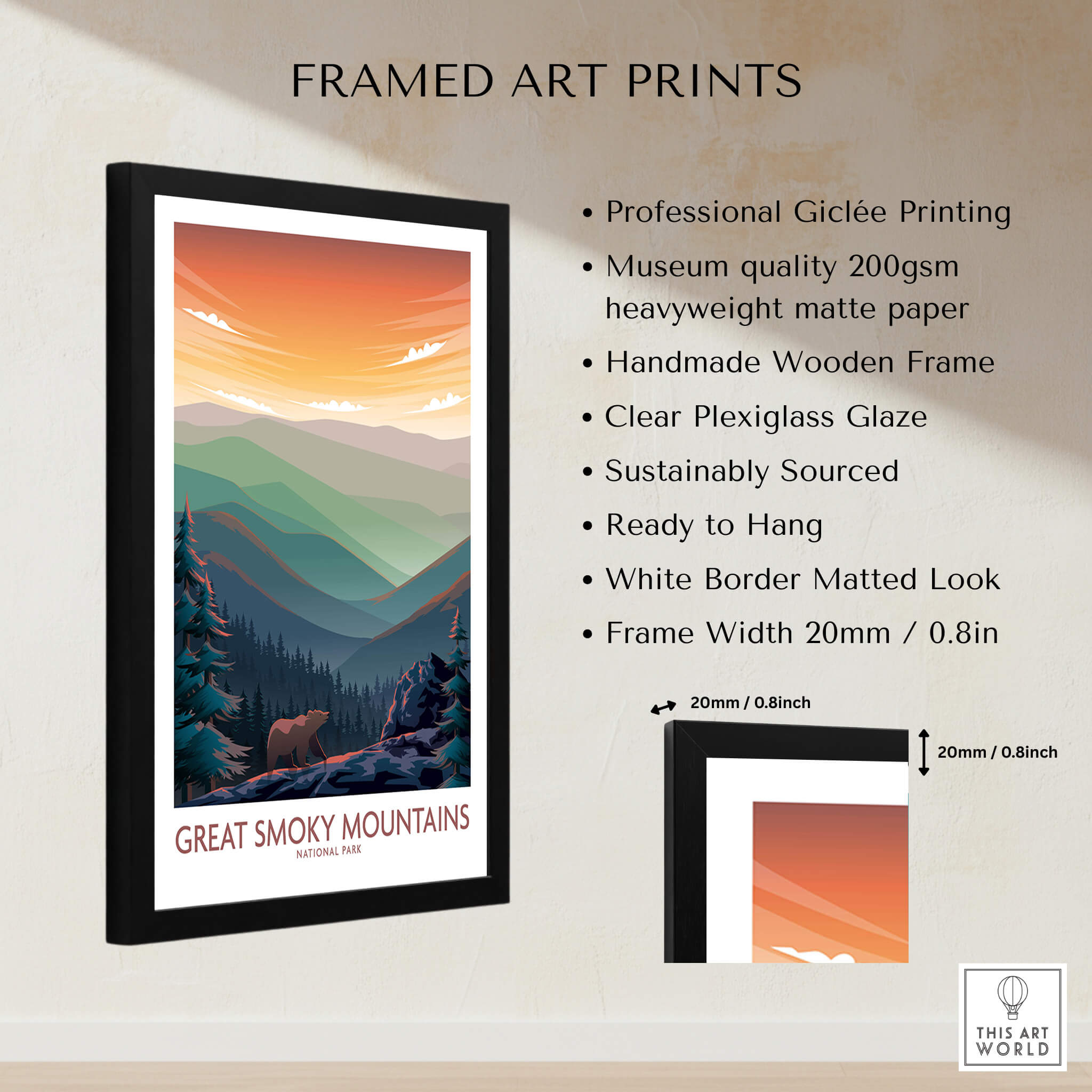 Smoky Mountains Wall Art | National Park Poster featuring professional giclée printing and a handmade wooden frame.