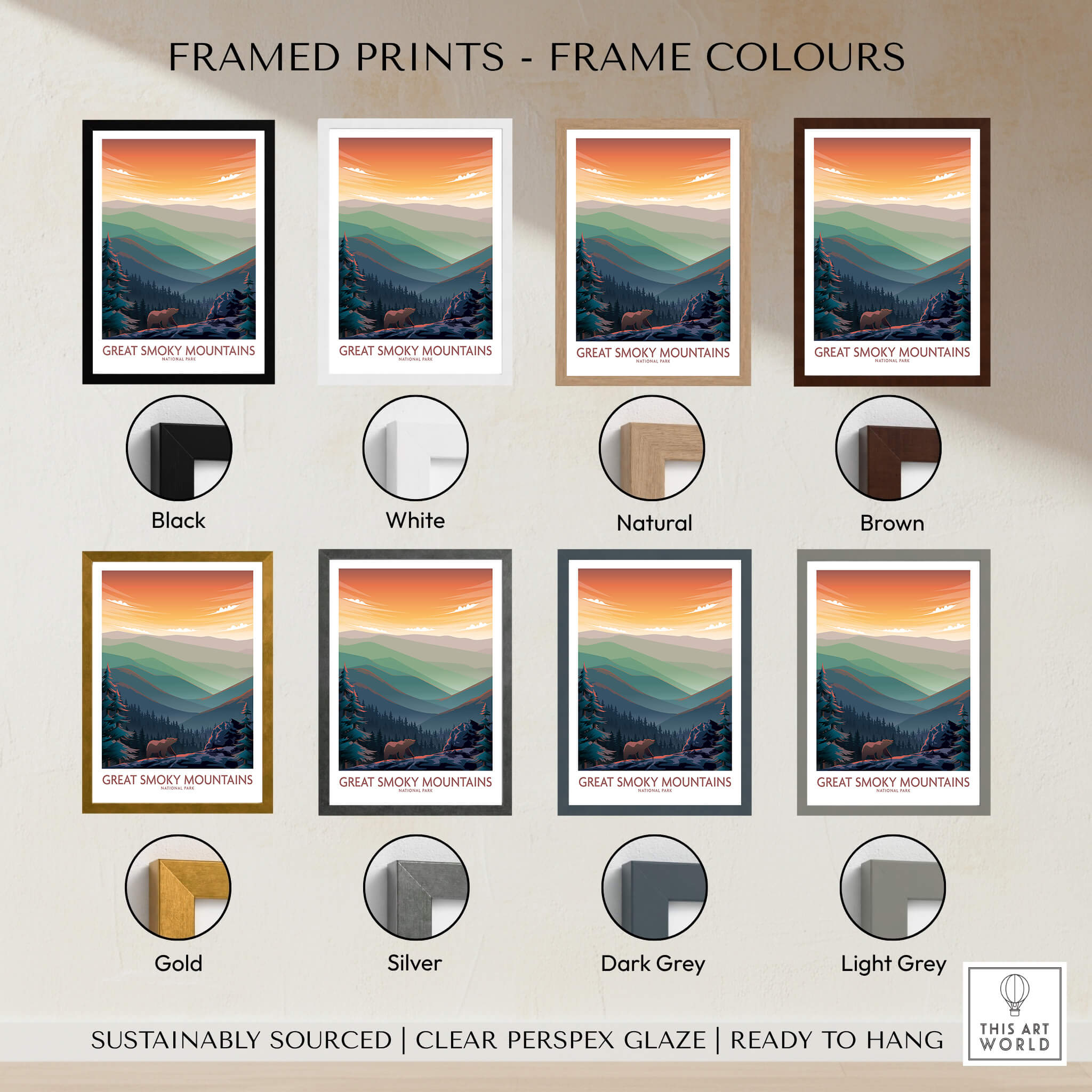 Framed Smoky Mountains Wall Art | National Park Poster available in Black, White, Natural, Brown, Gold, Silver, Dark Grey, Light Grey.