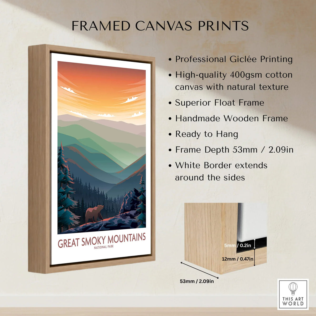 Smoky Mountains Wall Art | National Park Poster framed canvas print showcasing serene mountain landscape and natural colors.