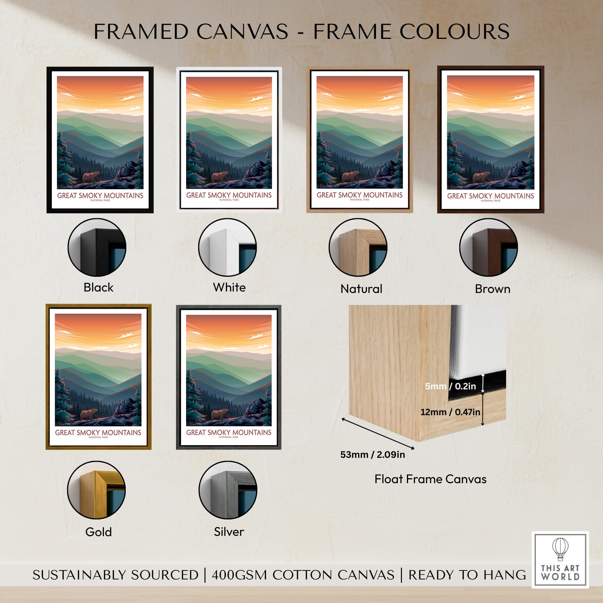 Framed canvas options for Smoky Mountains Wall Art | National Park Poster display showcasing different frame colors.