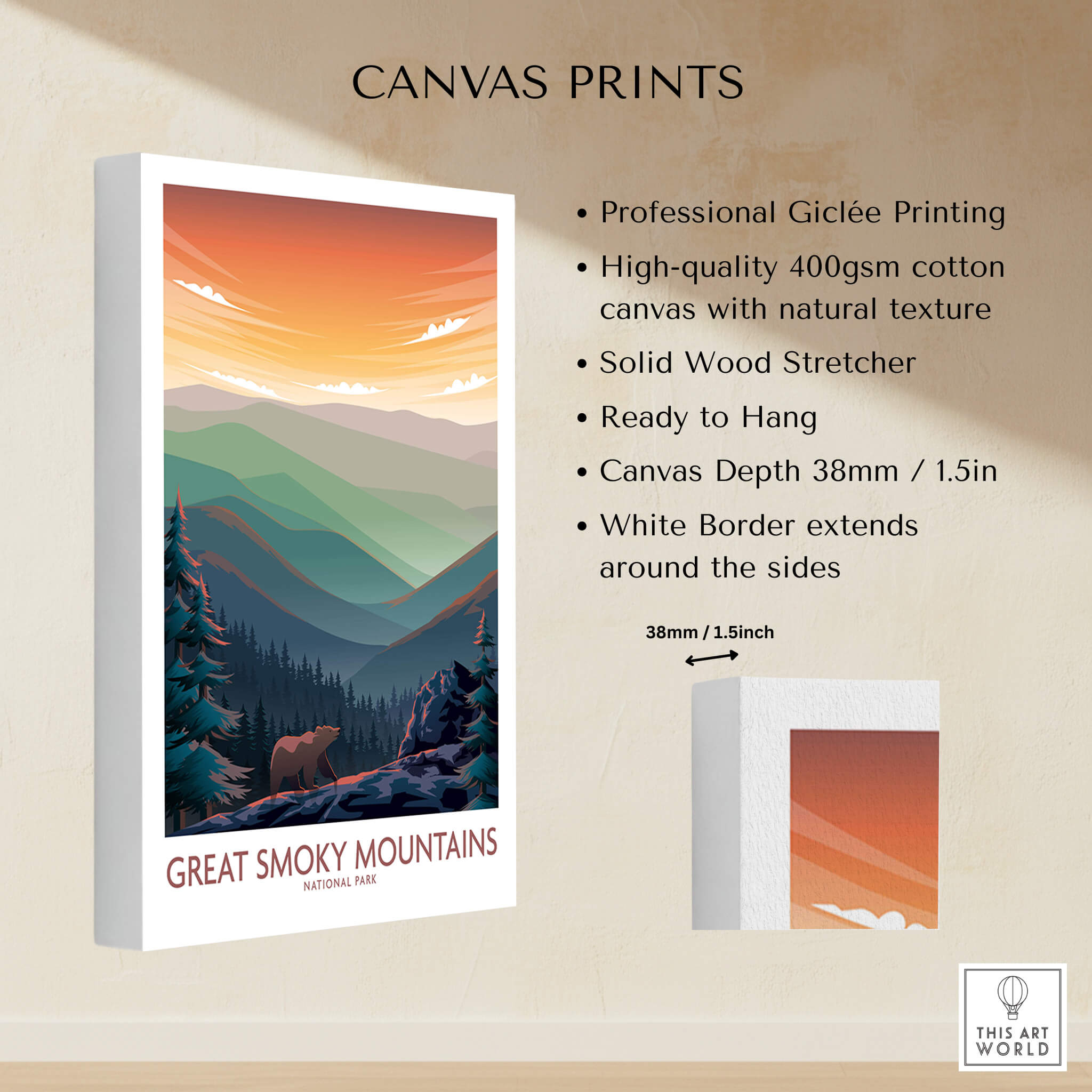 Smoky Mountains Wall Art | National Park Poster featuring stunning landscape and bear on high-quality canvas print.