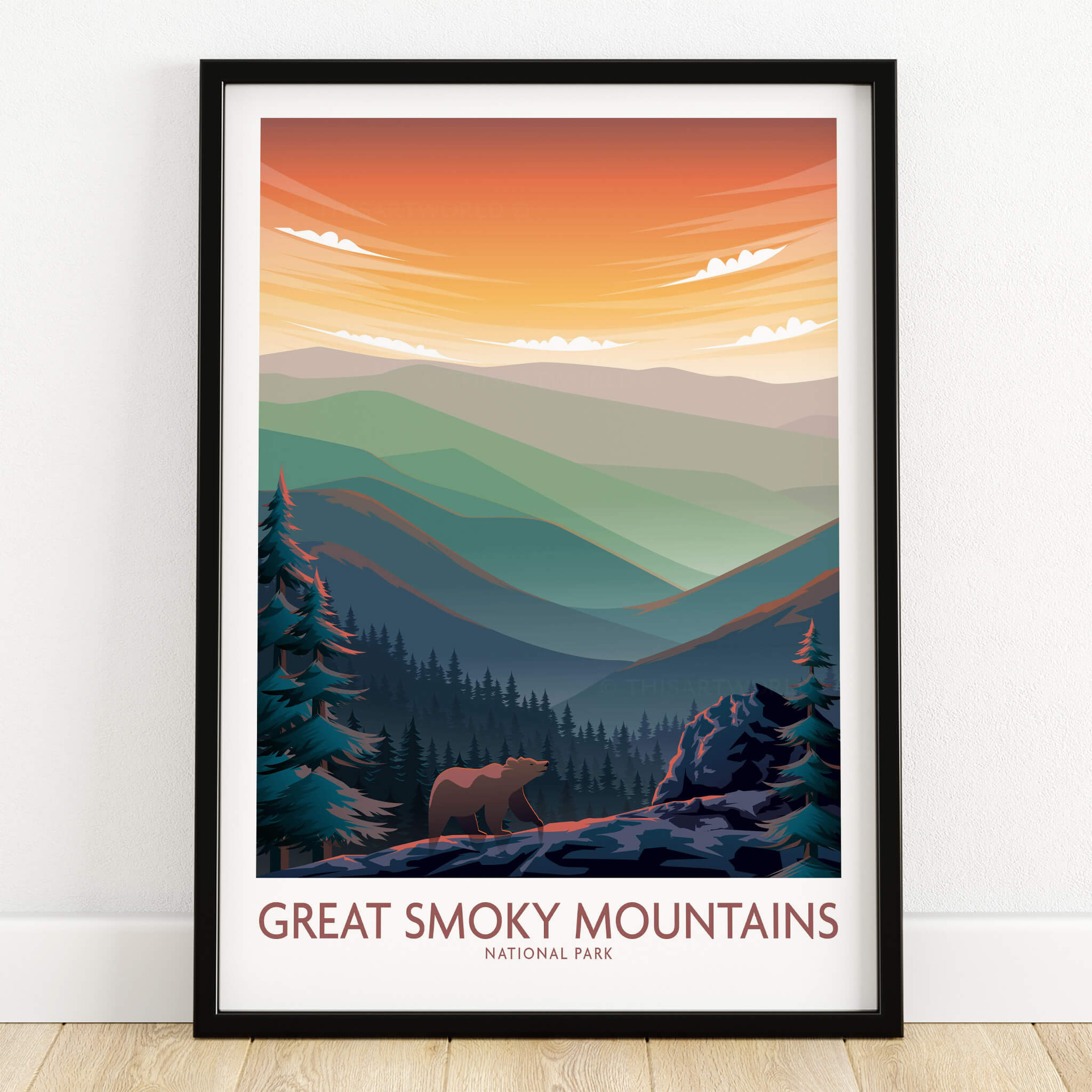 Smoky Mountains Wall Art | National Park Poster featuring a bear and vibrant sunset over the mountains.