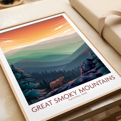 Smoky Mountains Wall Art | National Park Poster showcasing a bear in front of misty mountains at sunset.