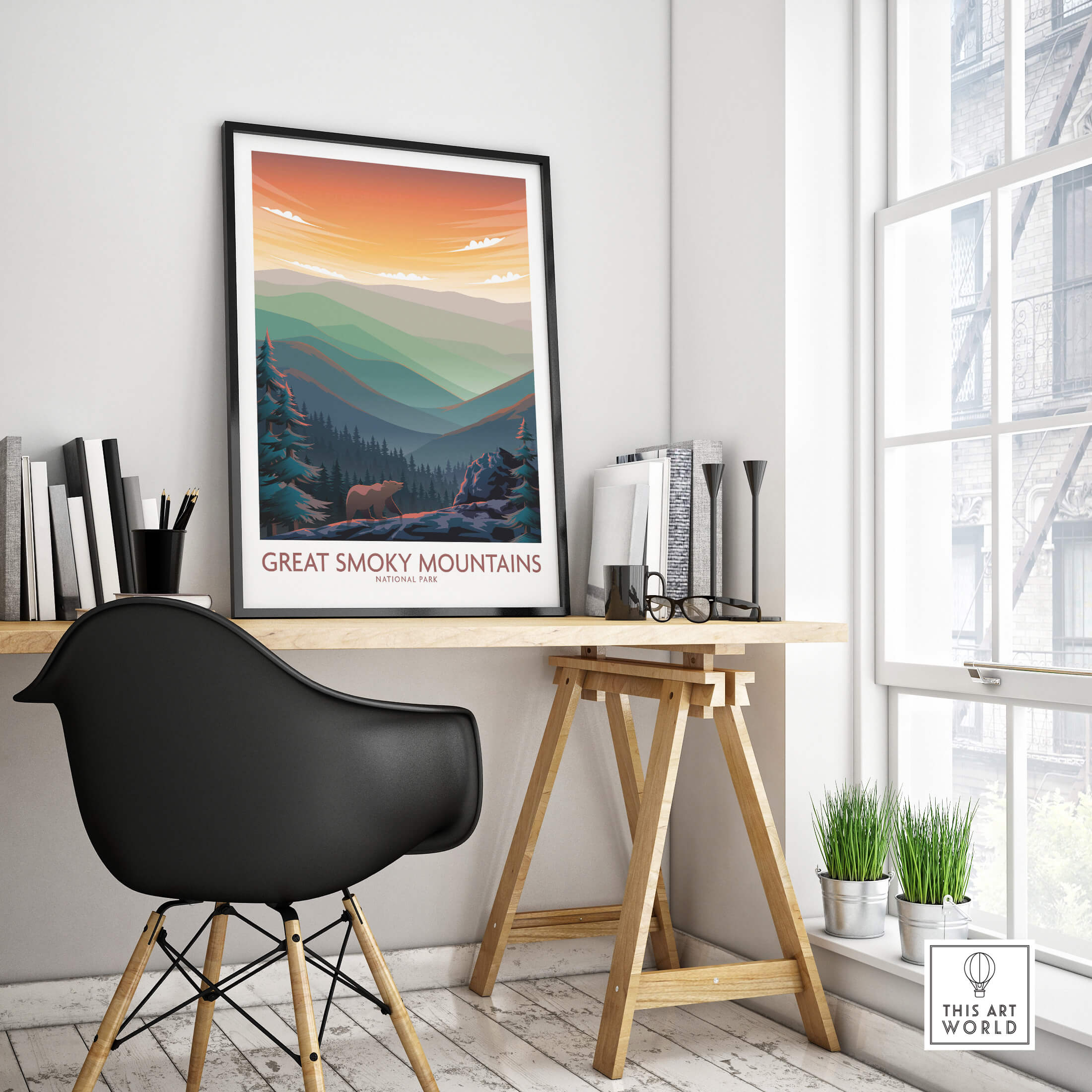 Smoky Mountains Wall Art | National Park Poster showcased in a modern home office setting with serene mountain landscape.