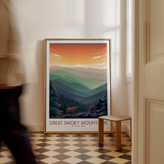 Smoky Mountains Wall Art | National Park Poster displayed in a room with a person walking by.