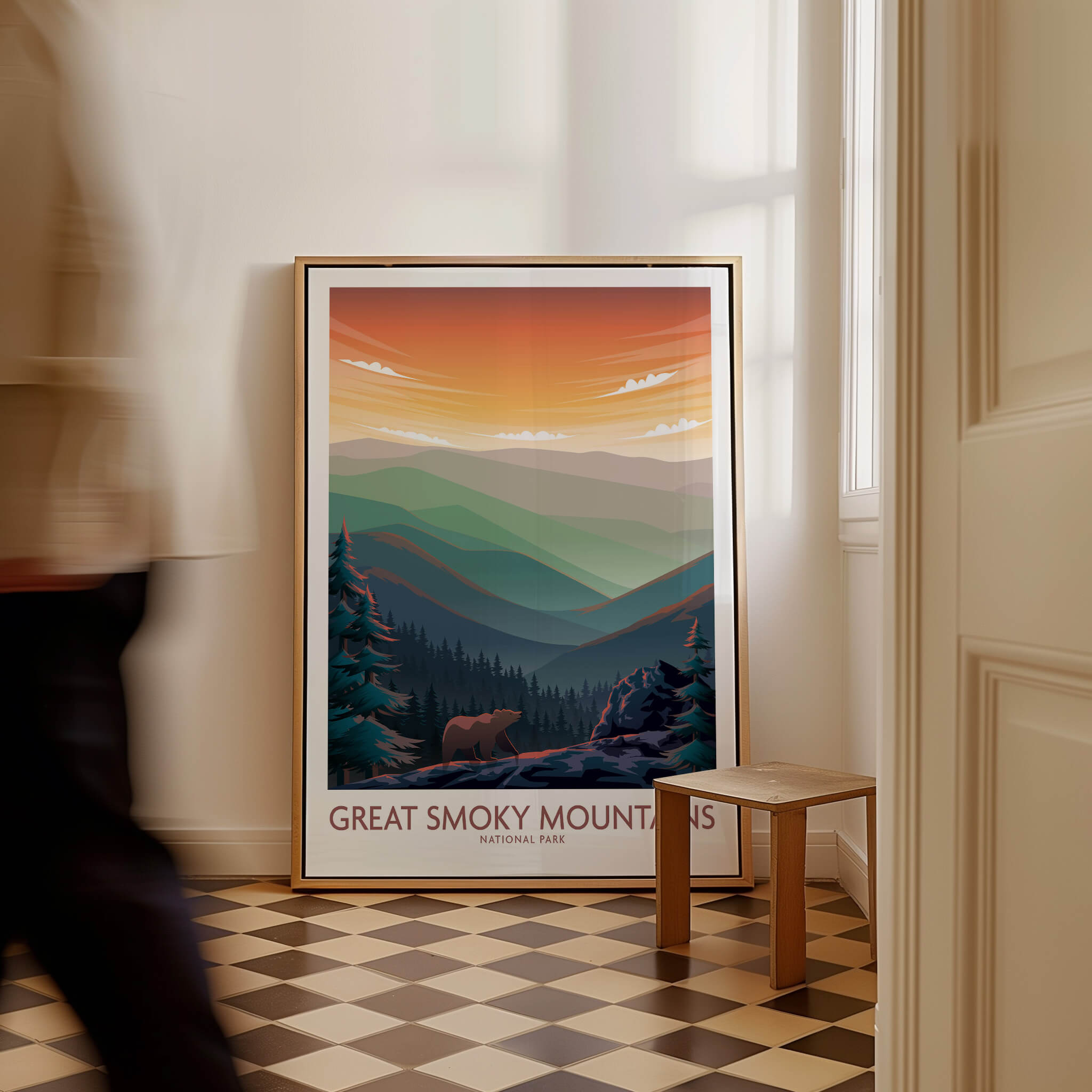 Smoky Mountains Wall Art | National Park Poster displayed in a room with a person walking by.