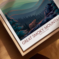 Smoky Mountains Wall Art | National Park Poster featuring a bear and misty mountains.