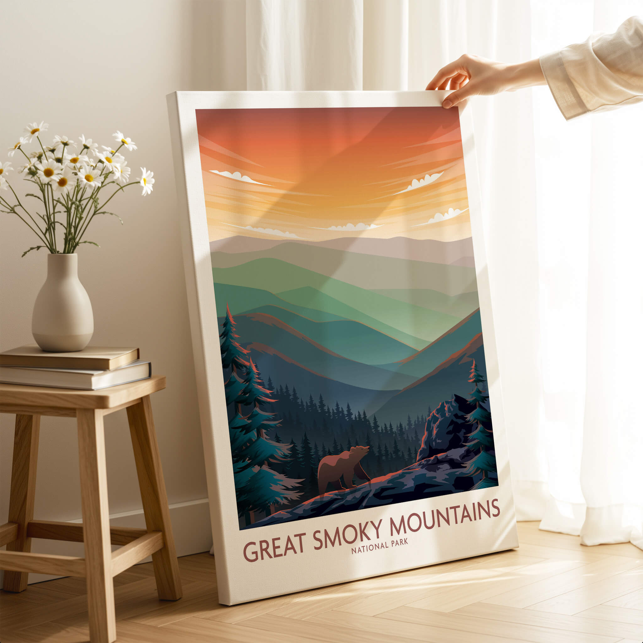 Smoky Mountains Wall Art | National Park Poster featuring a bear and colorful mountain landscape.