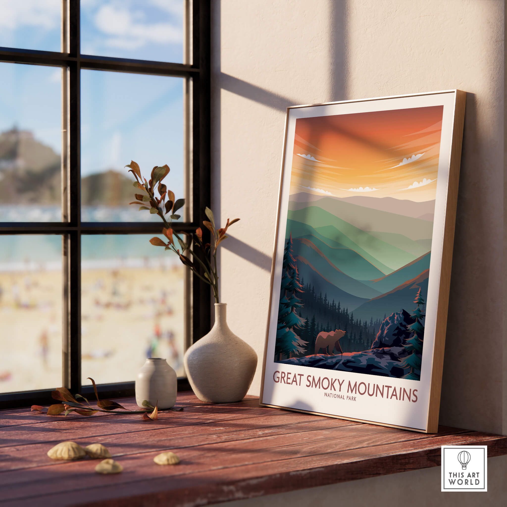 Smoky Mountains Wall Art | National Park Poster displayed in a sunny room, capturing serene mountain beauty.