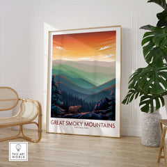 Smoky Mountains Wall Art | National Park Poster showcasing a scenic view of the Great Smoky Mountains at sunset.