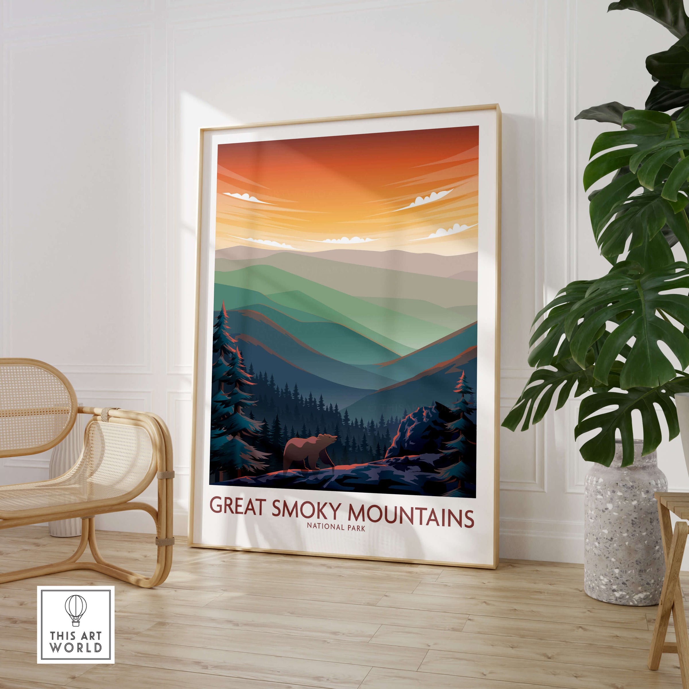 Smoky Mountains Wall Art | National Park Poster showcasing a scenic view of the Great Smoky Mountains at sunset.