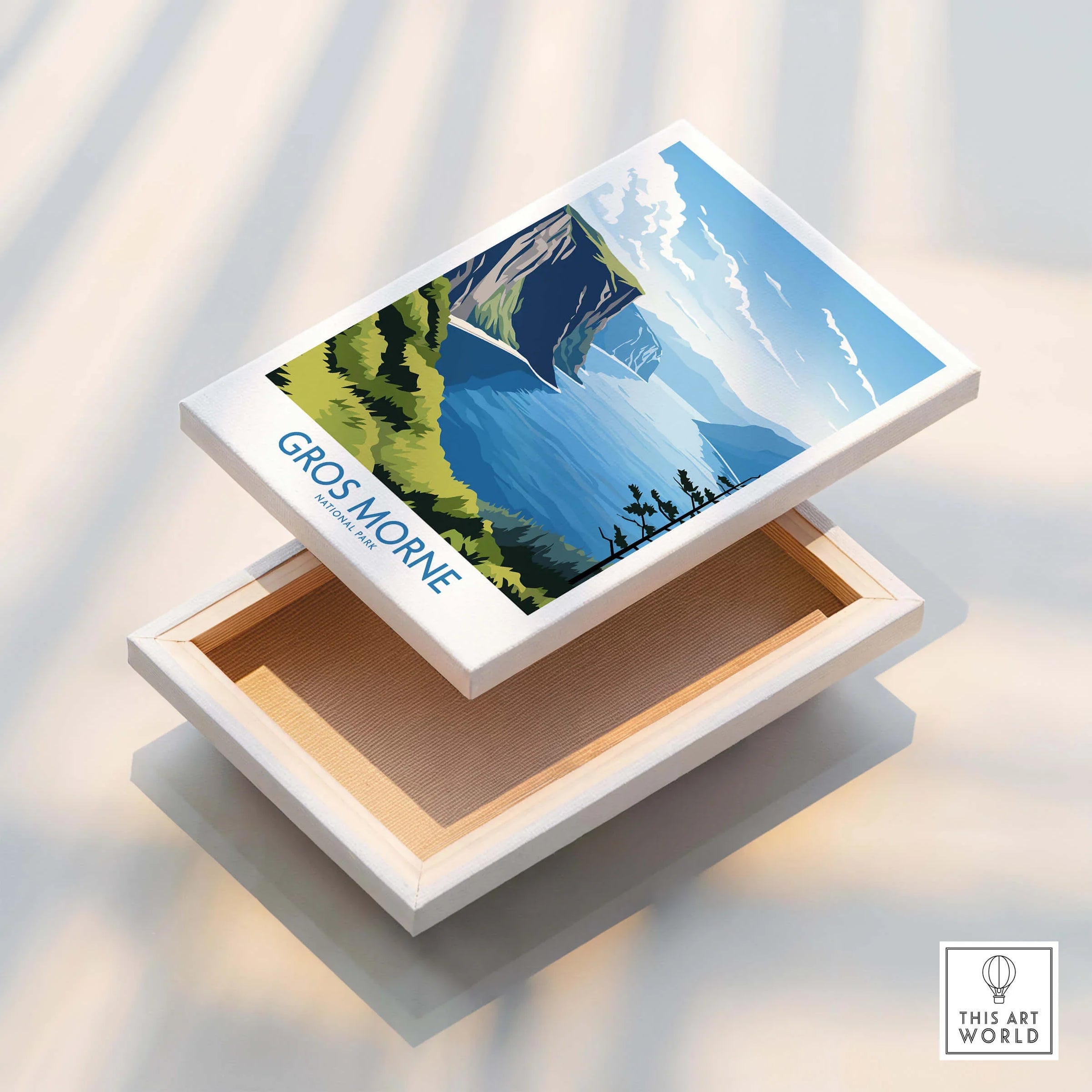 Gros Morne National Park stretched canvas print with colorful landscape art in floating frame.