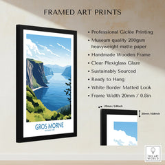 Framed Gros Morne National Park art print with mountains, lake, and quality details displayed.