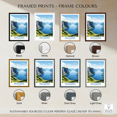 Gros Morne national park print in eight frame color options, featuring scenic cliffs and lake.