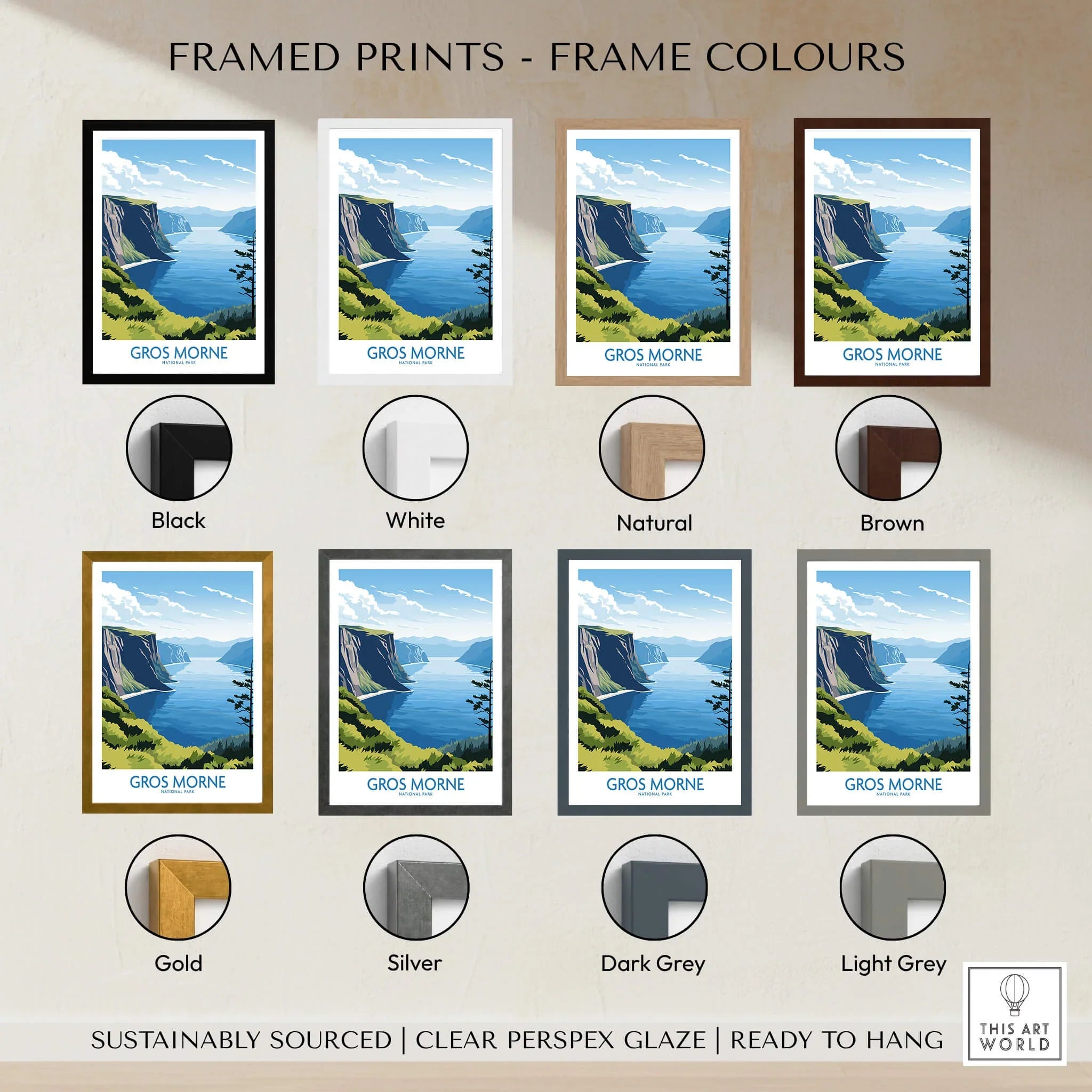 Gros Morne national park print in eight frame color options, featuring scenic cliffs and lake.